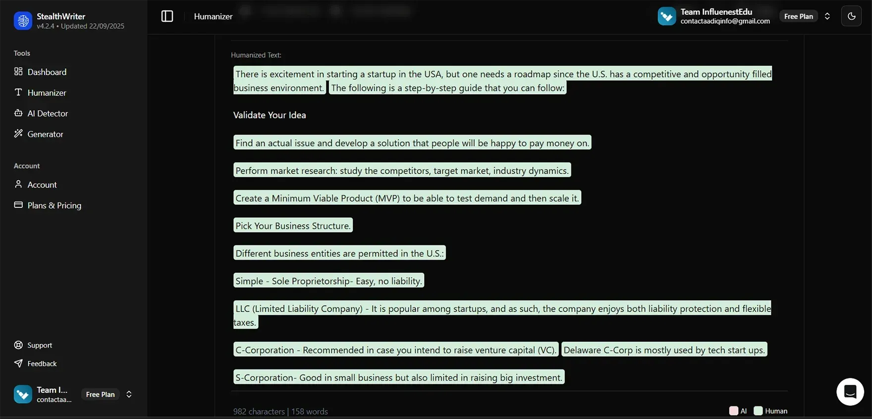 Humanize the ChatGPT content with StealthWriter.