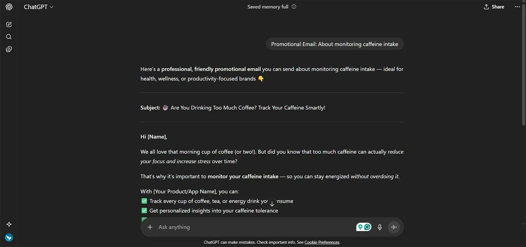 Promotional Email: About monitoring caffeine intake