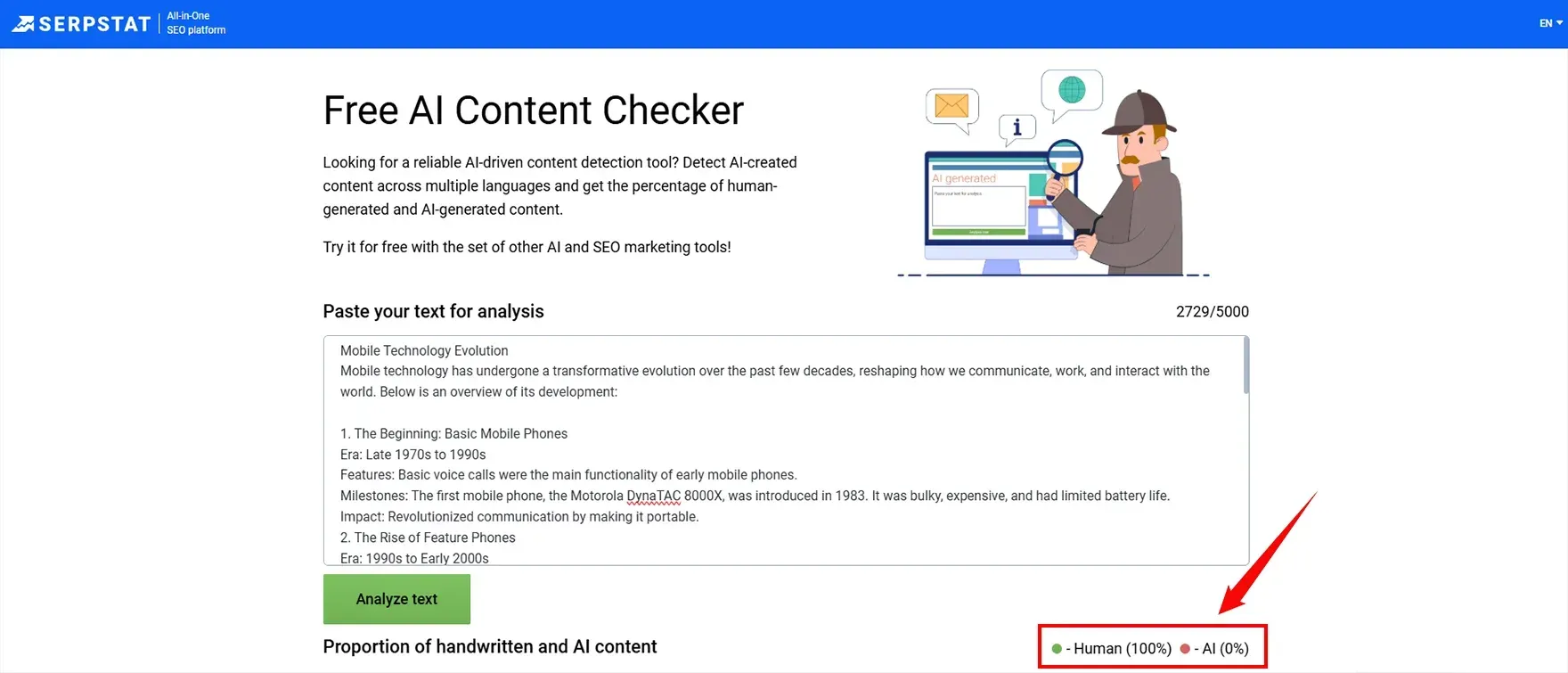 Test by AI Detector by Serpstat.
